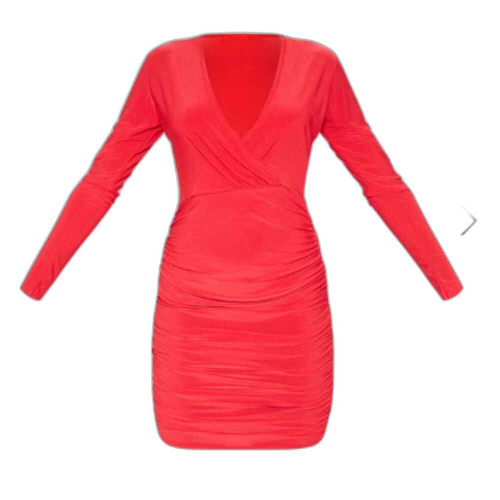 PLT PrettyLittleThing Slinky Red V Neck Ruched Long Sleeve Mini Dress US 8 UK12